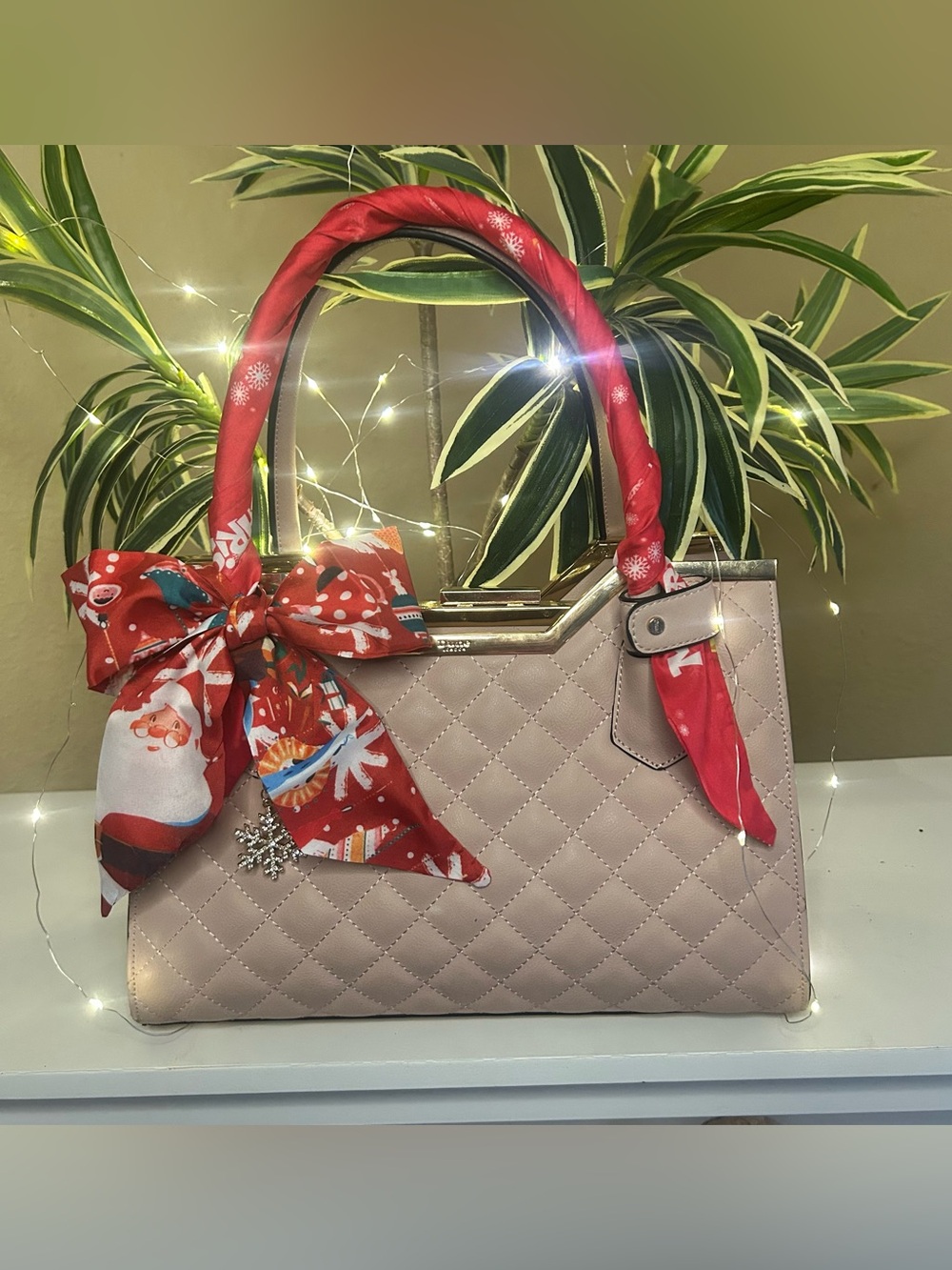 Christmas Twilly Women Handbag Scarf Red White Santa